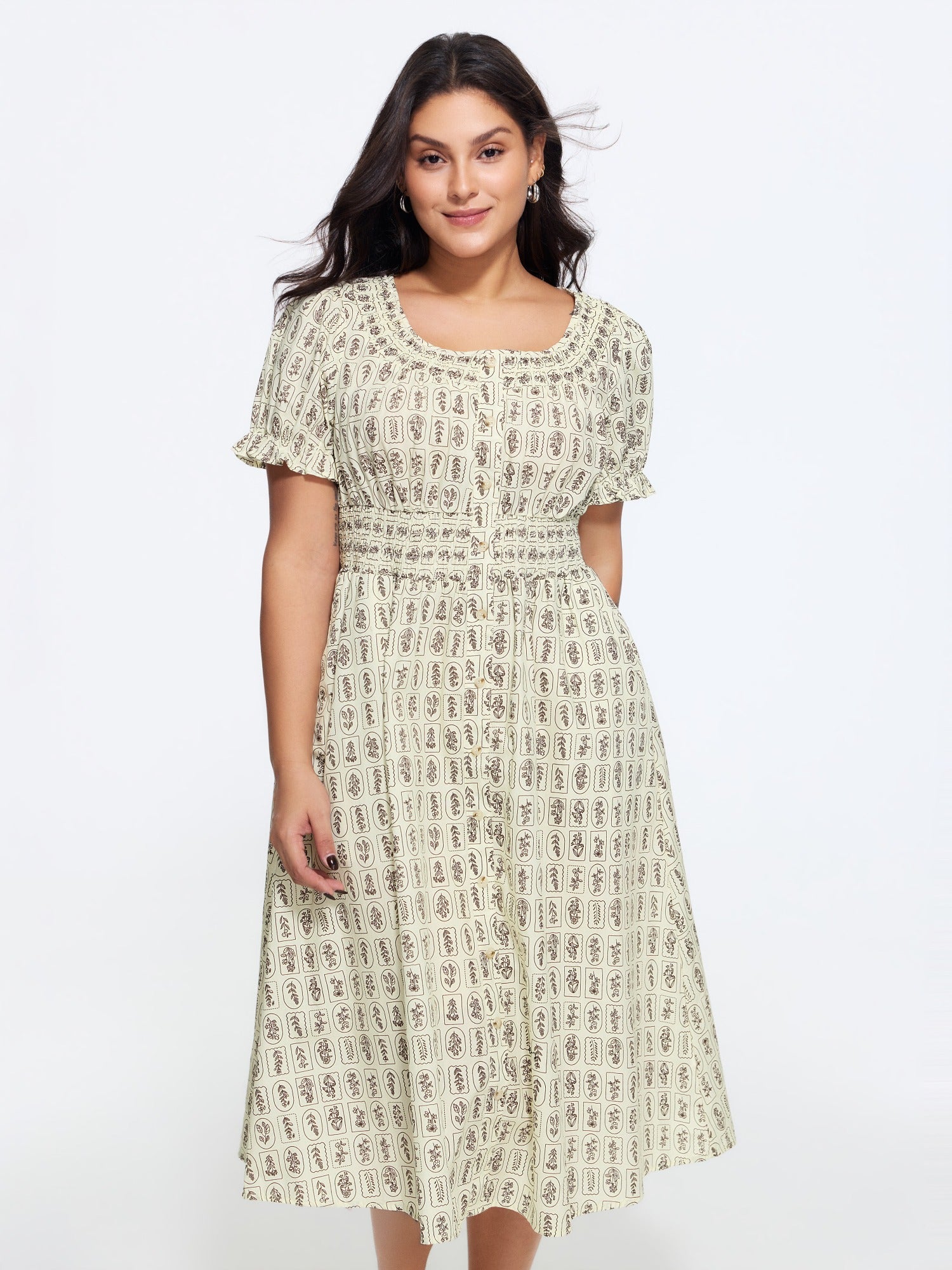 Geometric Print Shirred Waist Midi Dress
