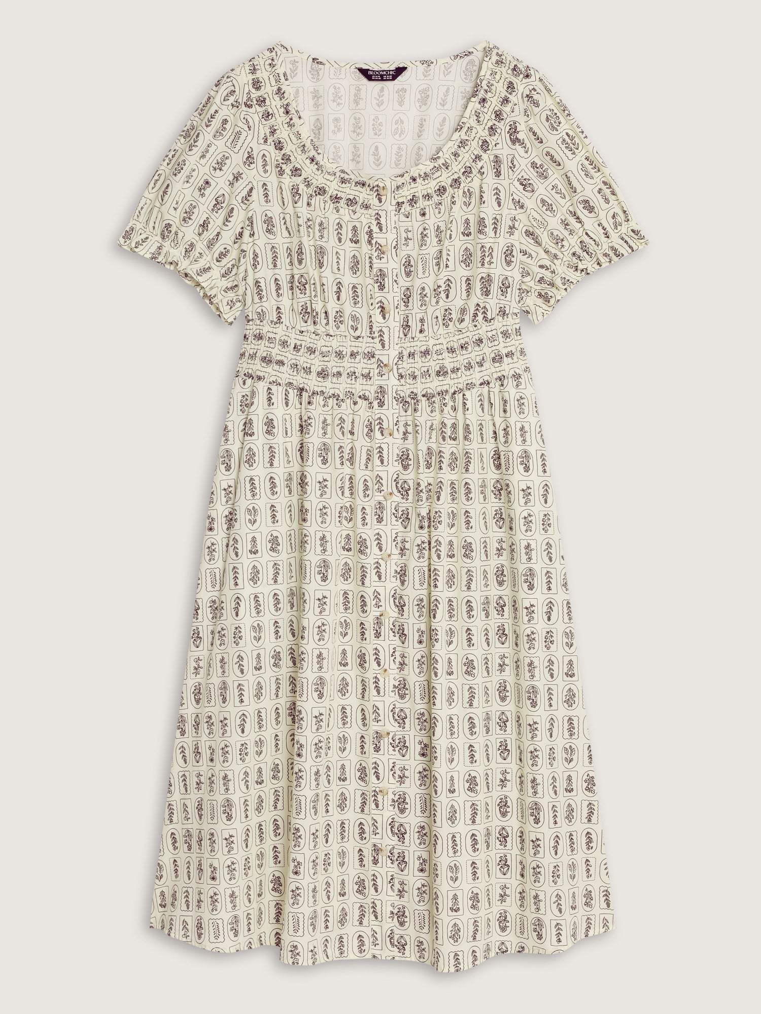 Geometric Print Shirred Waist Midi Dress