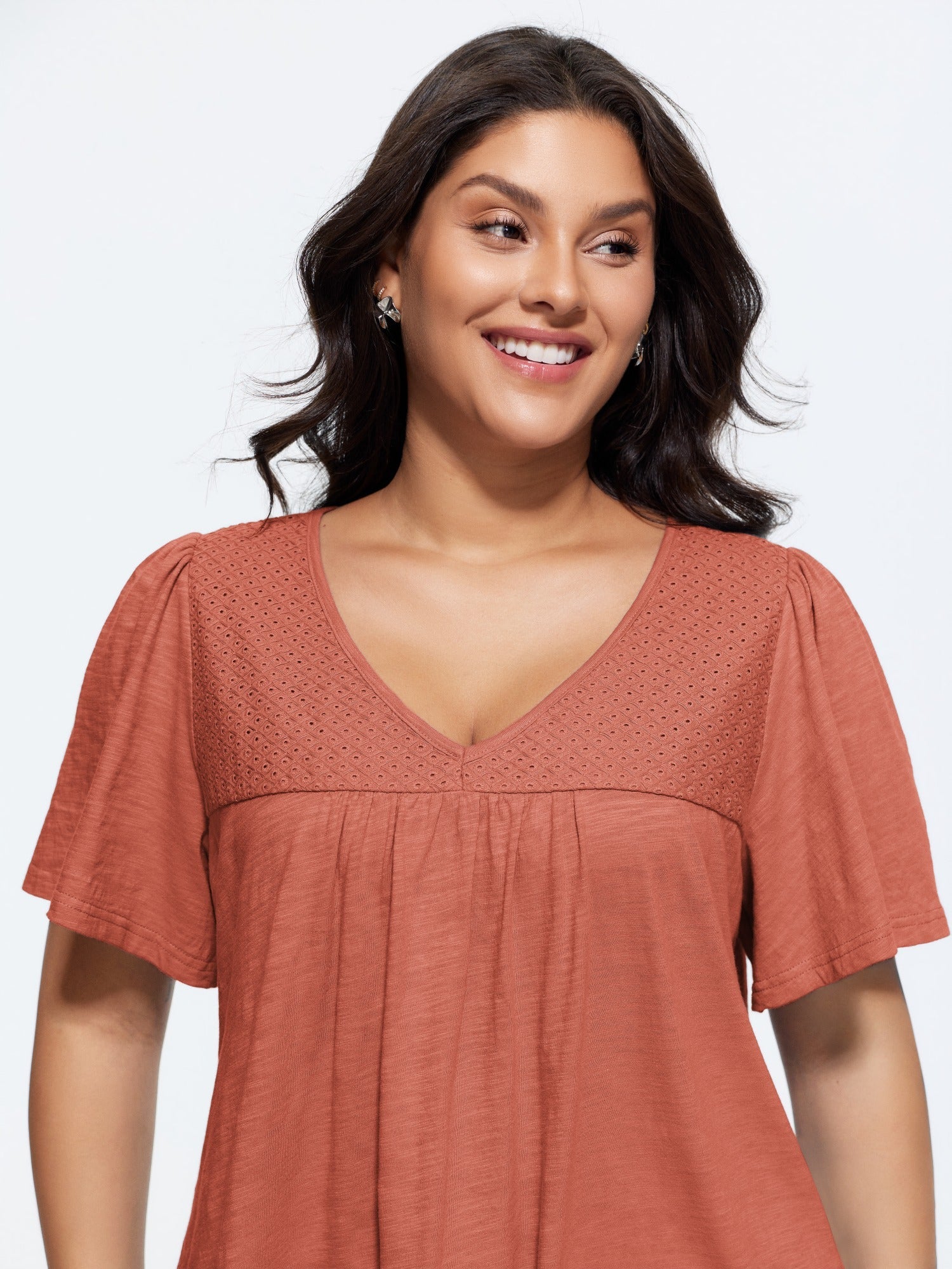Cotton Ruffled Sleeve V-Neck T-Shirt