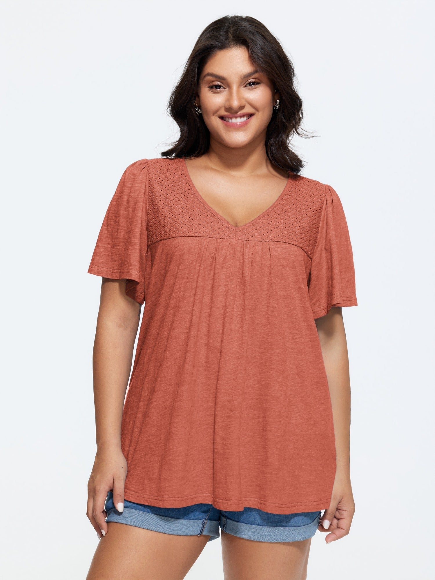 Cotton Ruffled Sleeve V-Neck T-Shirt
