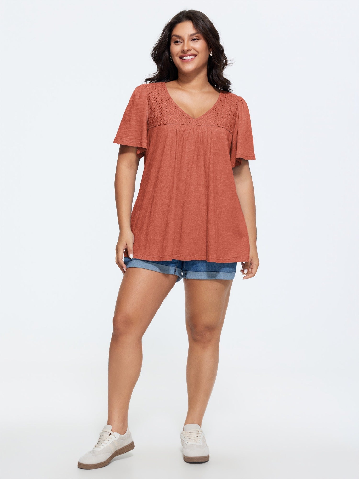 Cotton Ruffled Sleeve V-Neck T-Shirt