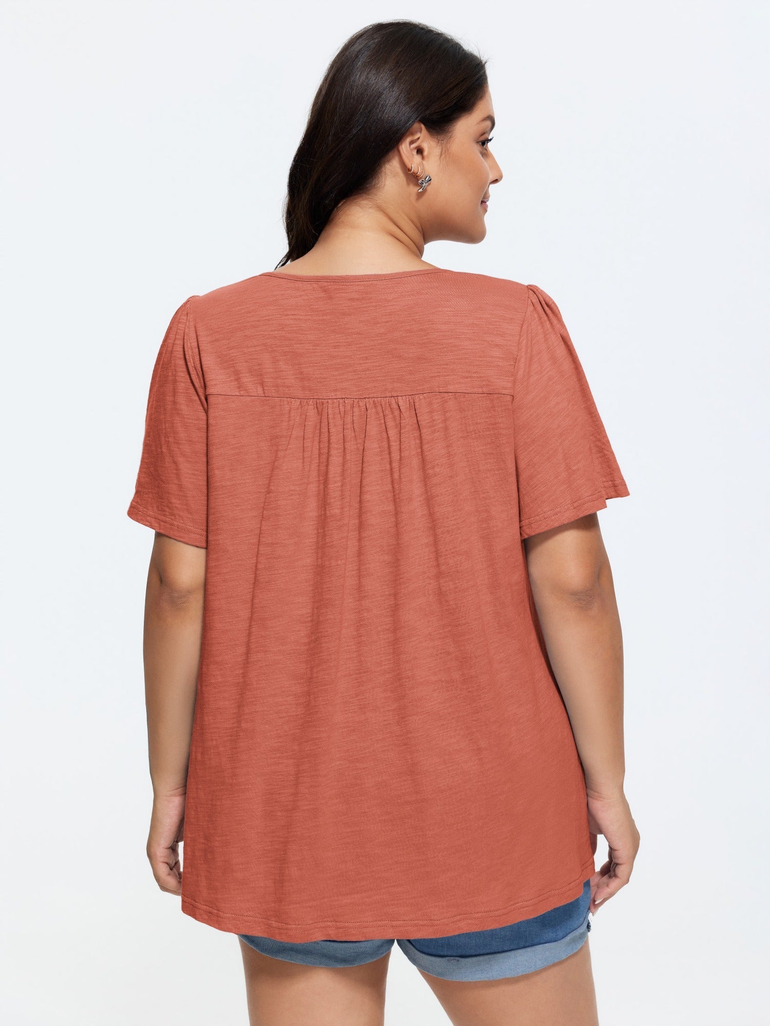 Cotton Ruffled Sleeve V-Neck T-Shirt