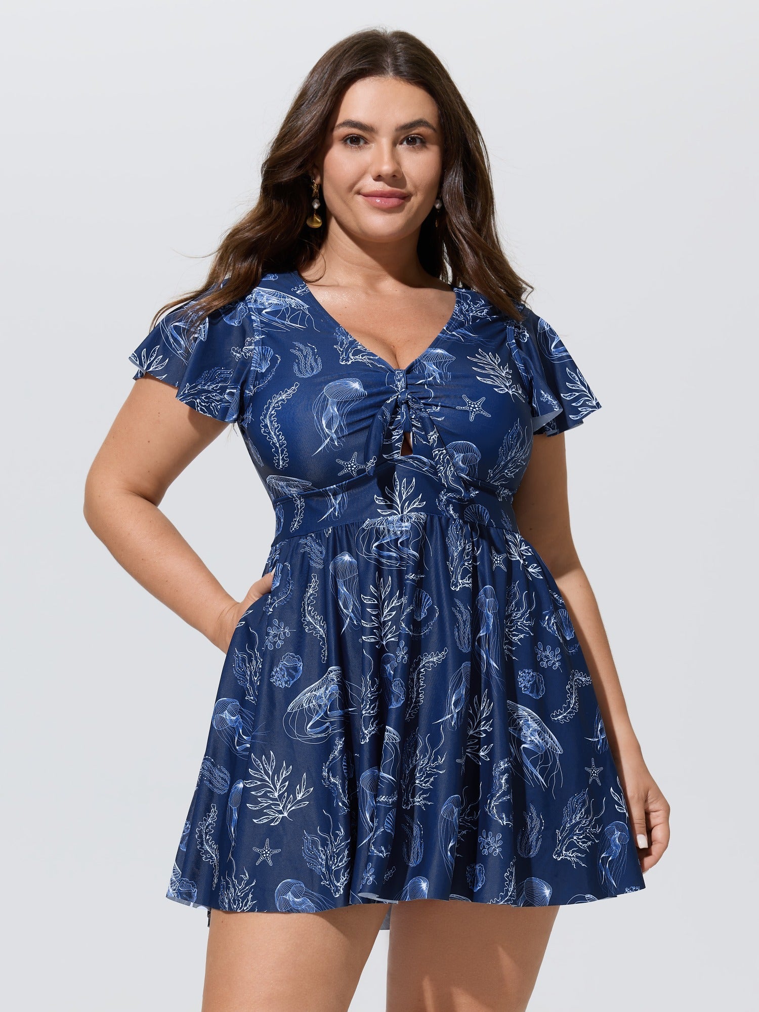 Jellyfish Print Pockets Flowy Swim Dress