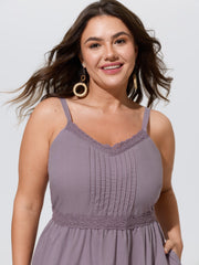Cotton Pleated Lace Neckline Sleeveless Mini Dress