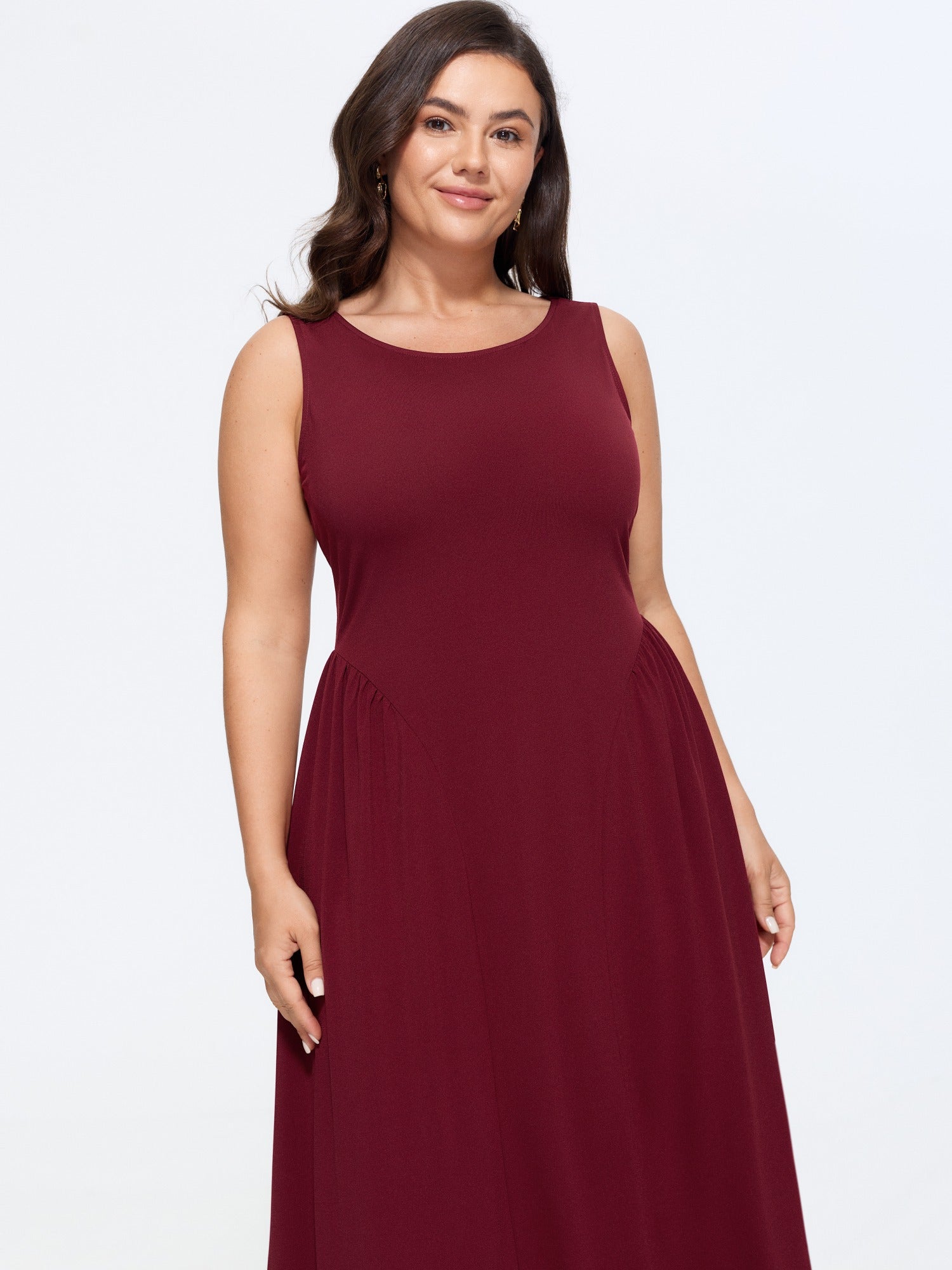Stretchy Solid Side Ruched Sleeveless Midi Dress