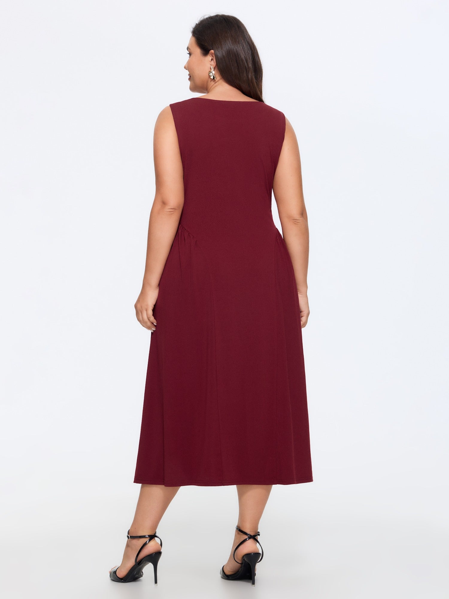 Stretchy Solid Side Ruched Sleeveless Midi Dress