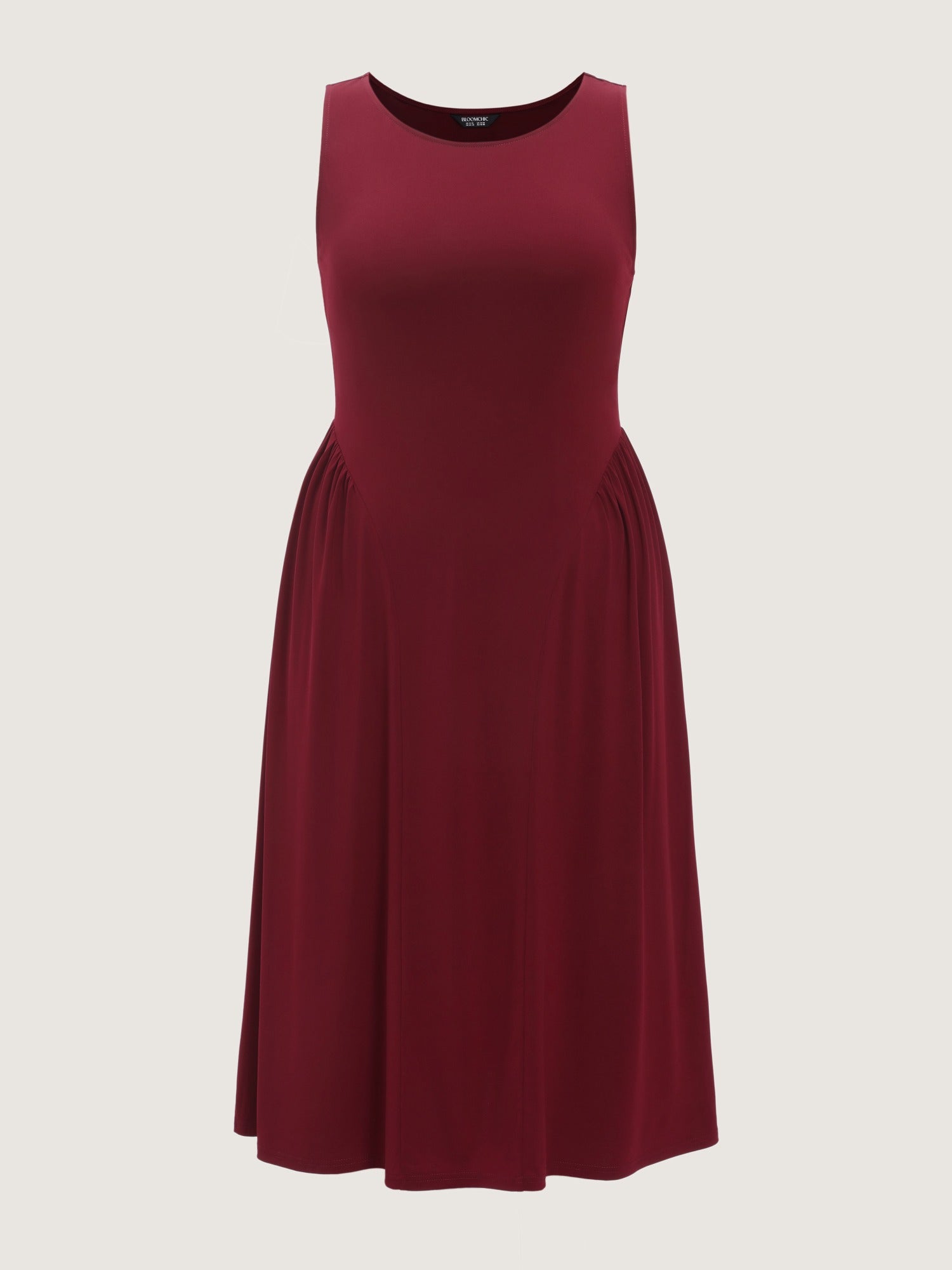 Stretchy Solid Side Ruched Sleeveless Midi Dress