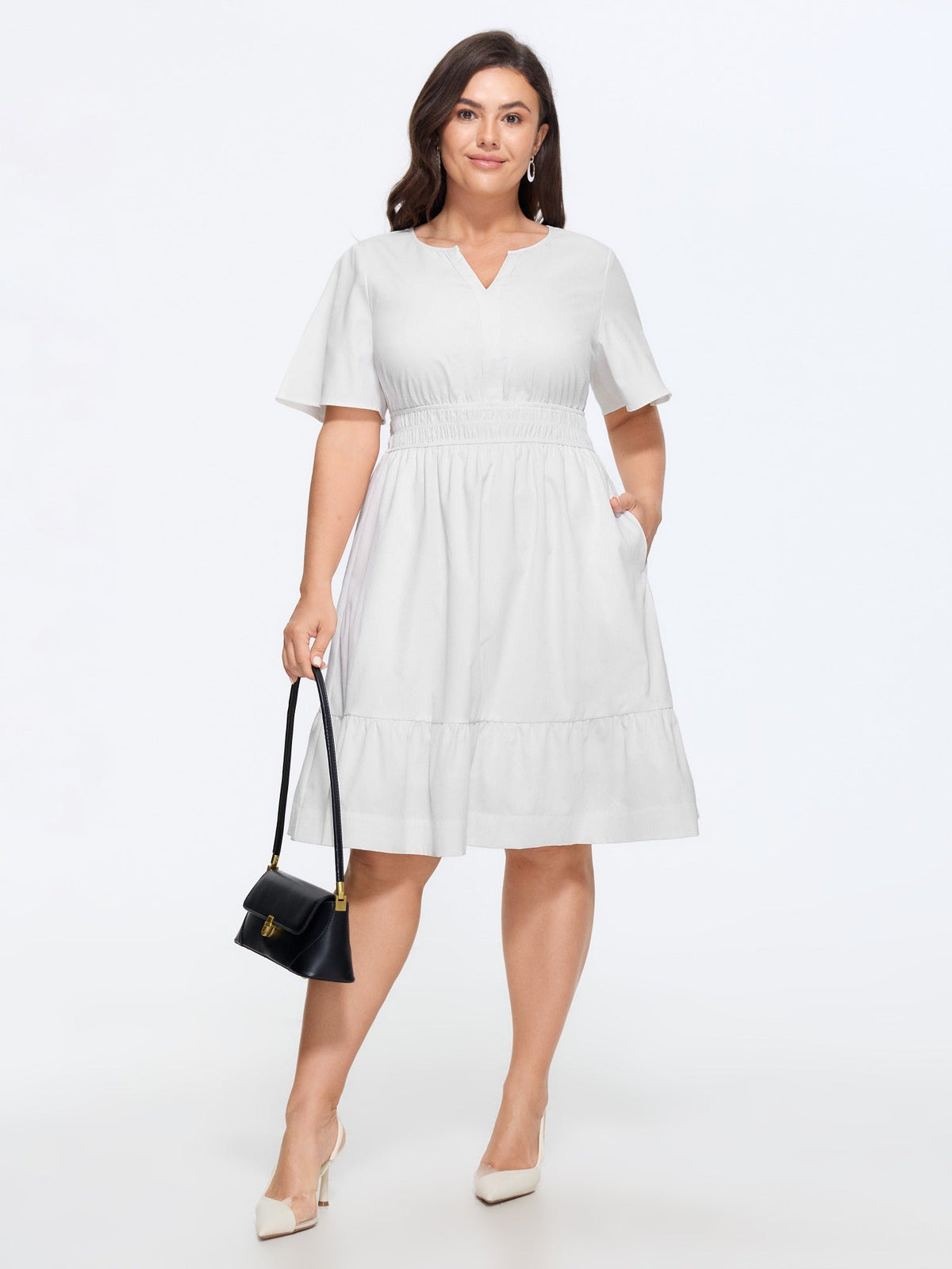 Notched Collar Shirred Waist Pocket Mini Dress