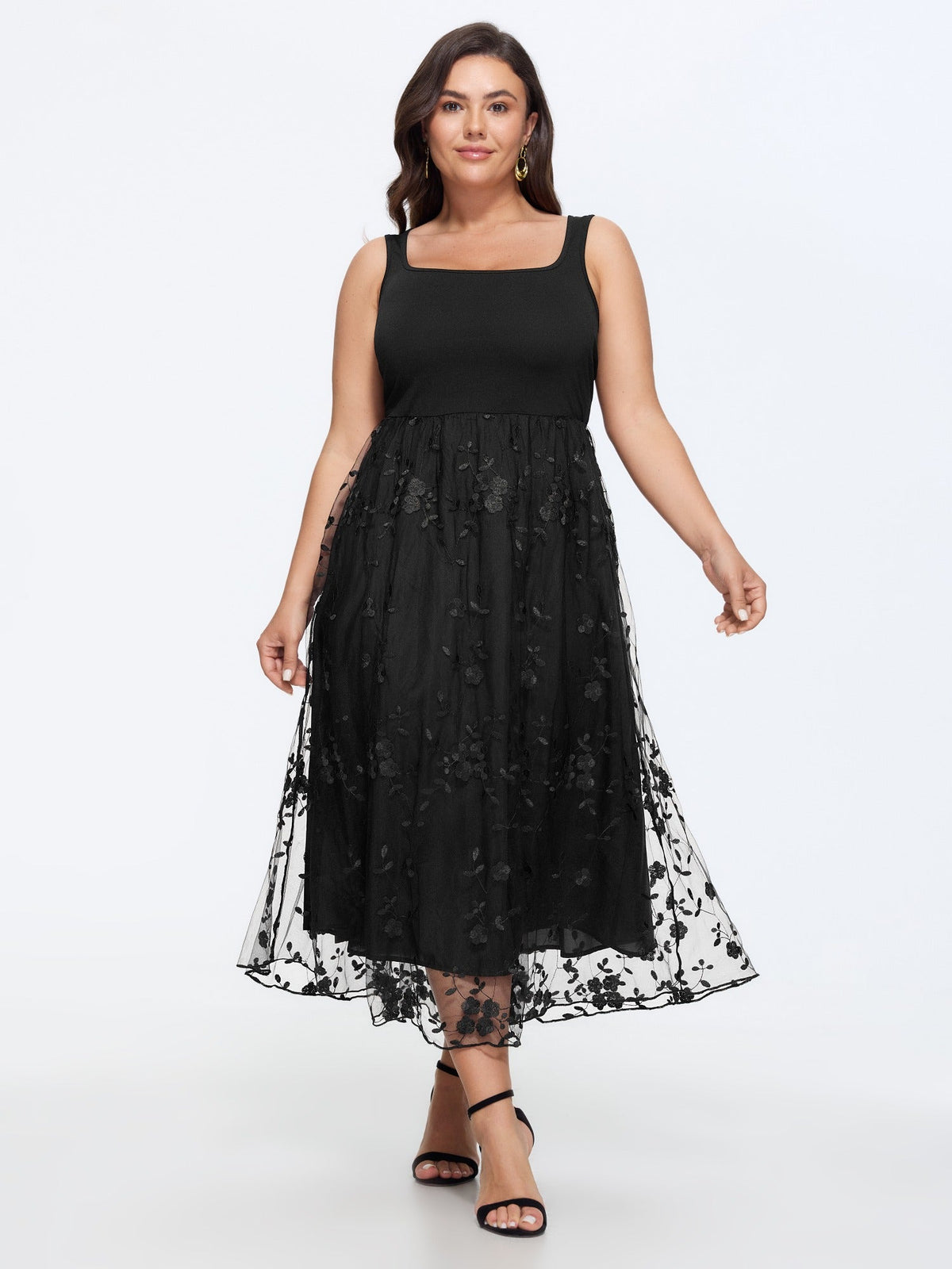 Floral Embroidered Mesh Square Neck Cami Midi Dress