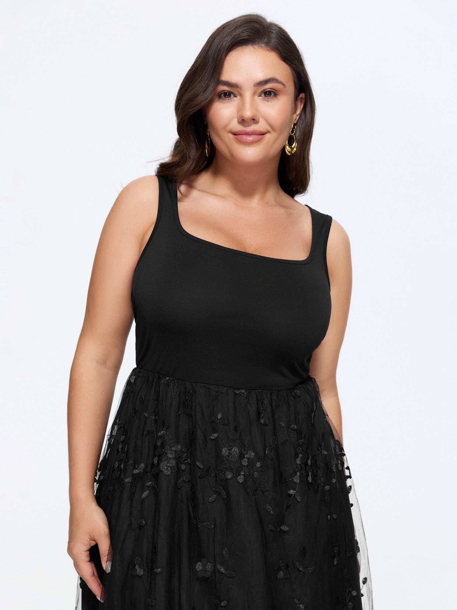 Floral Embroidered Mesh Square Neck Cami Midi Dress
