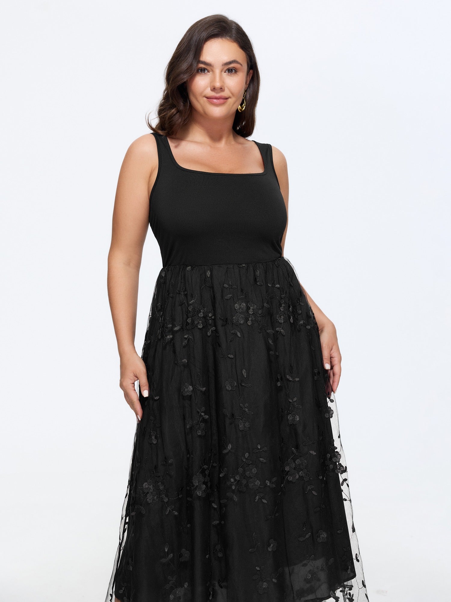 Floral Embroidered Mesh Square Neck Cami Midi Dress