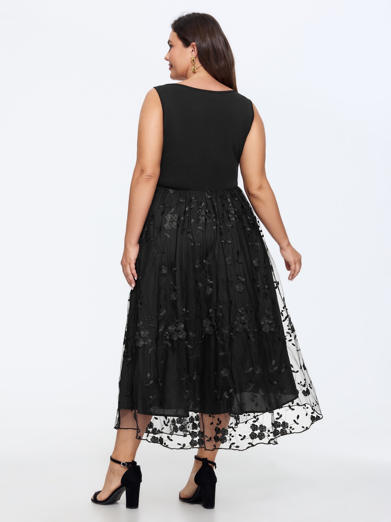 Floral Embroidered Mesh Square Neck Cami Midi Dress