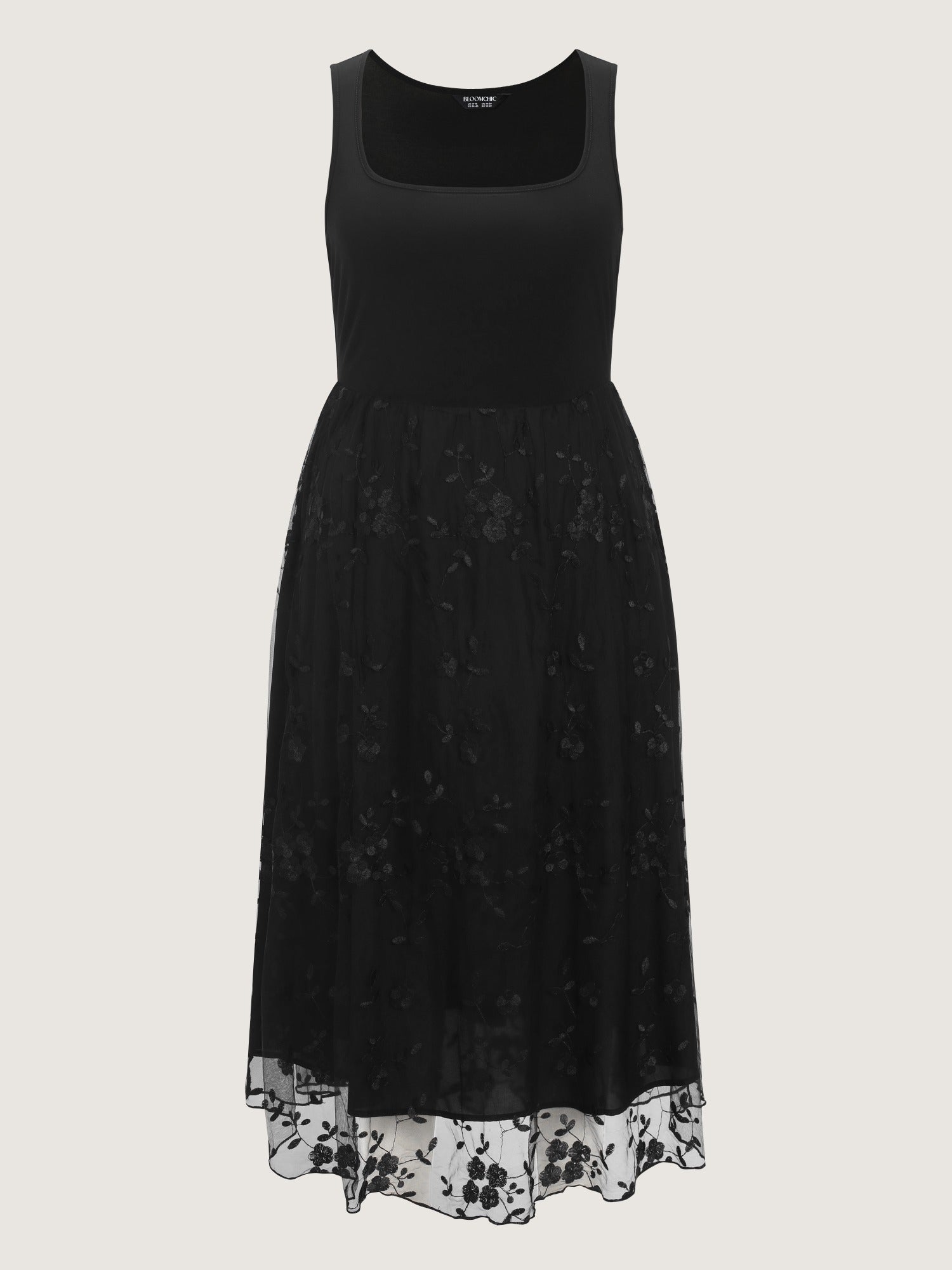 Floral Embroidered Mesh Square Neck Cami Midi Dress