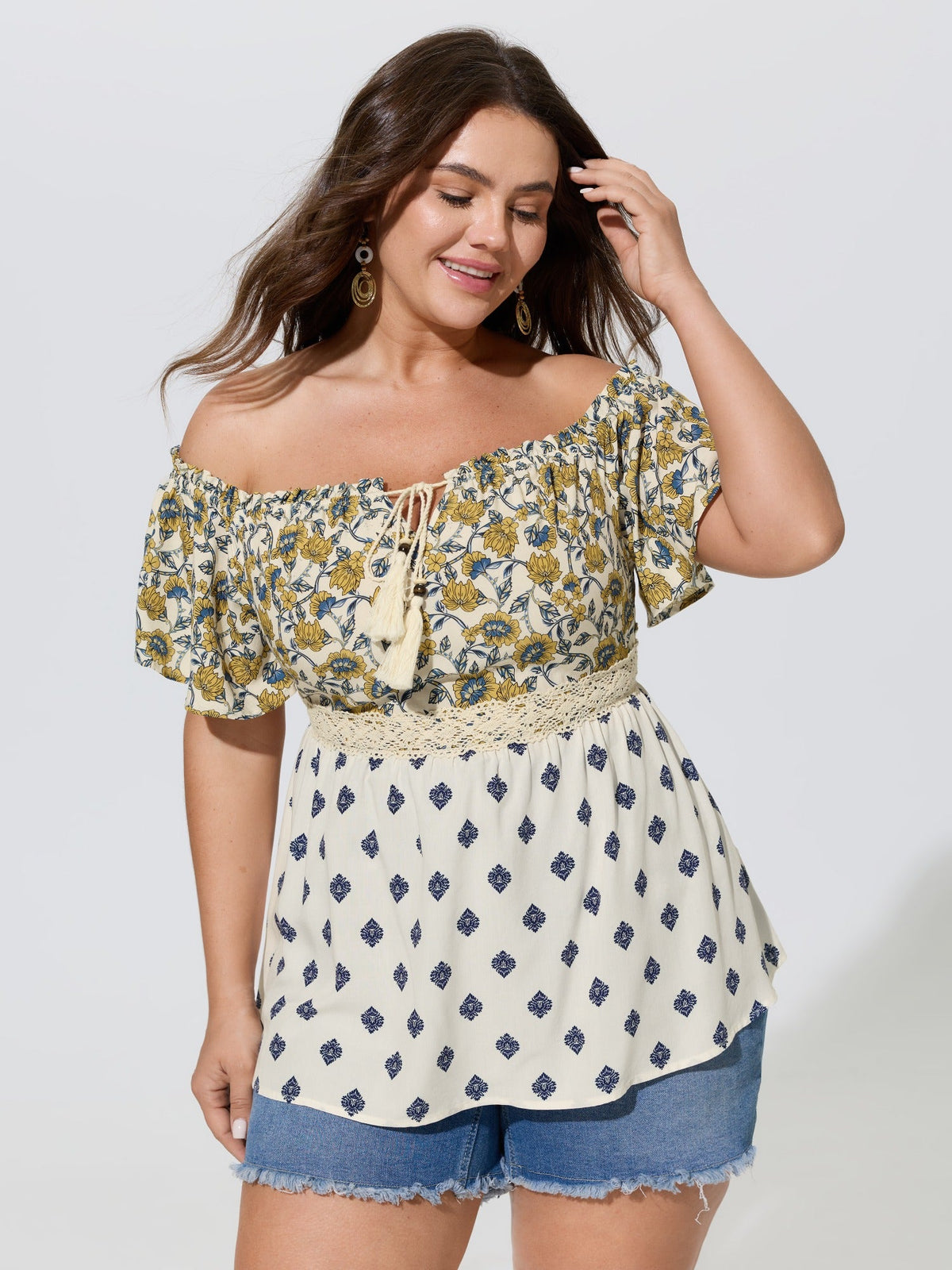 Floral Print Off-Shoulder Color Contrast Top
