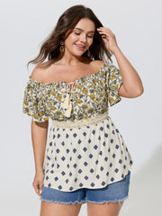 Floral Print Off-Shoulder Color Contrast Top