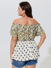 Floral Print Off-Shoulder Color Contrast Top