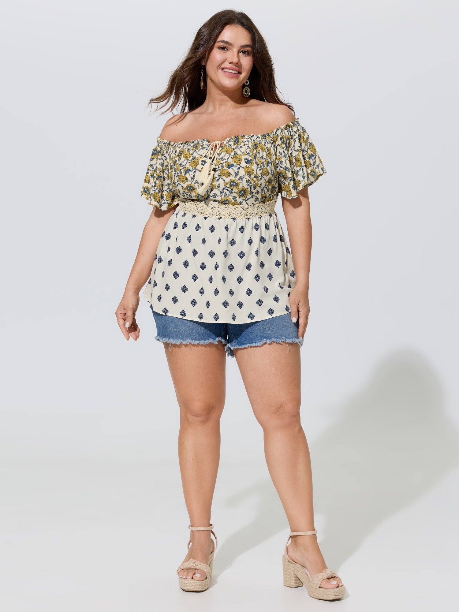 Floral Print Off-Shoulder Color Contrast Top