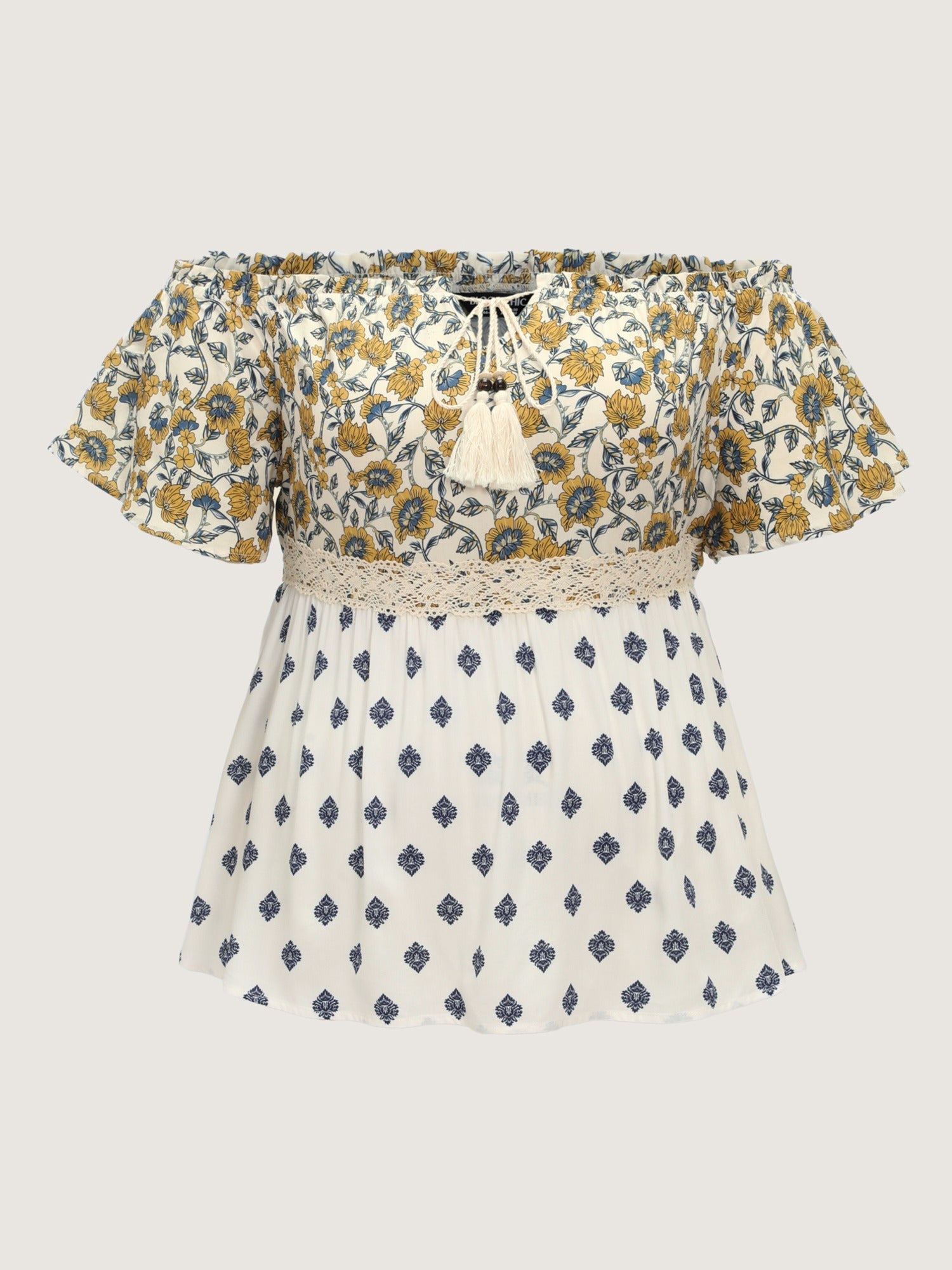 Floral Print Off-Shoulder Color Contrast Top