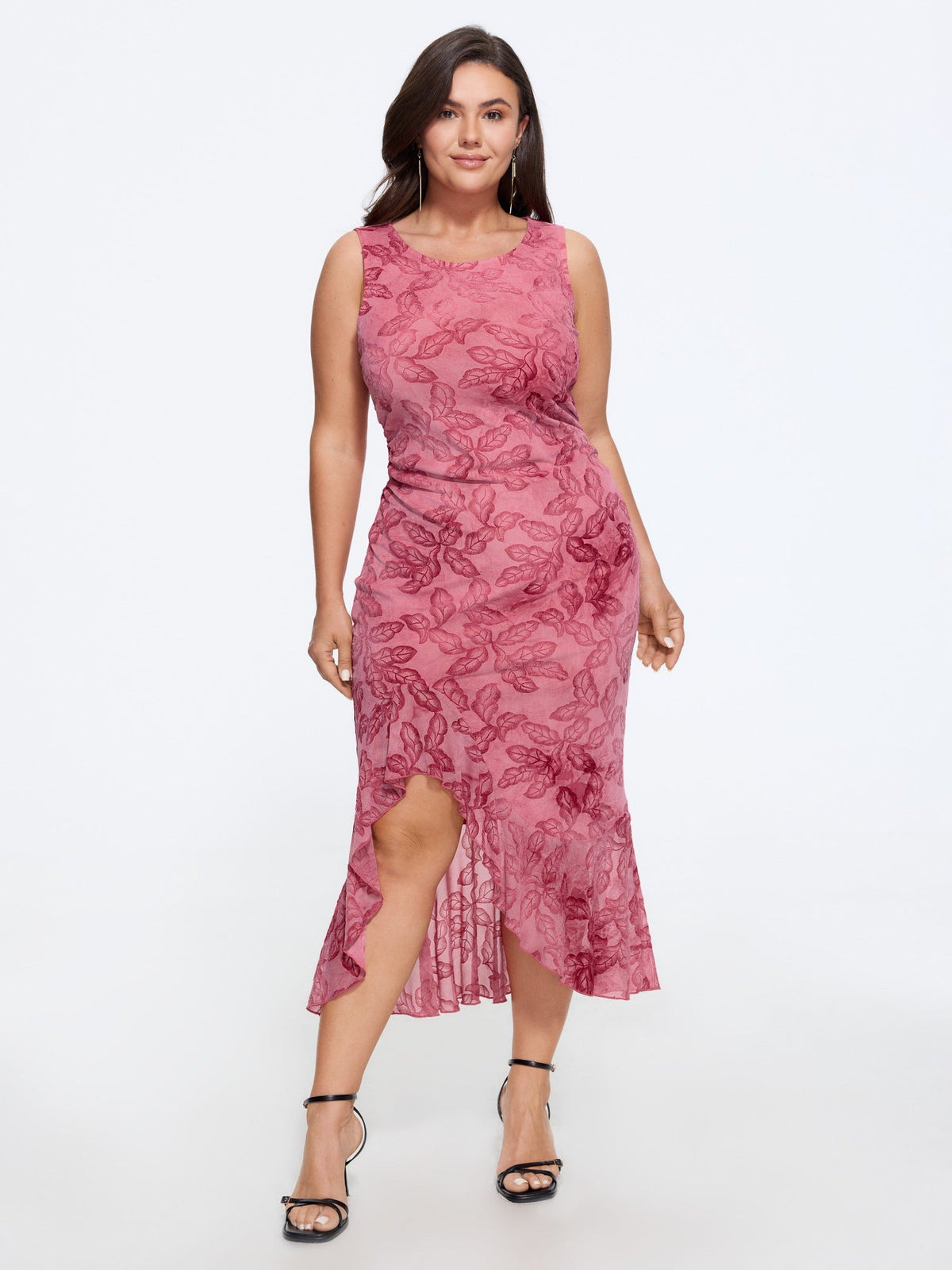 Stretchy Gradient Flocked Mesh Irregular Hem Midi Dress