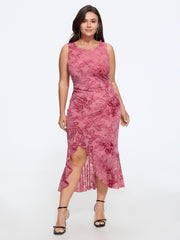 Stretchy Gradient Flocked Mesh Irregular Hem Midi Dress