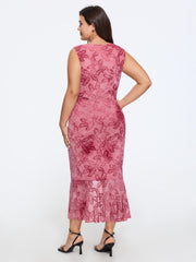 Stretchy Gradient Flocked Mesh Irregular Hem Midi Dress