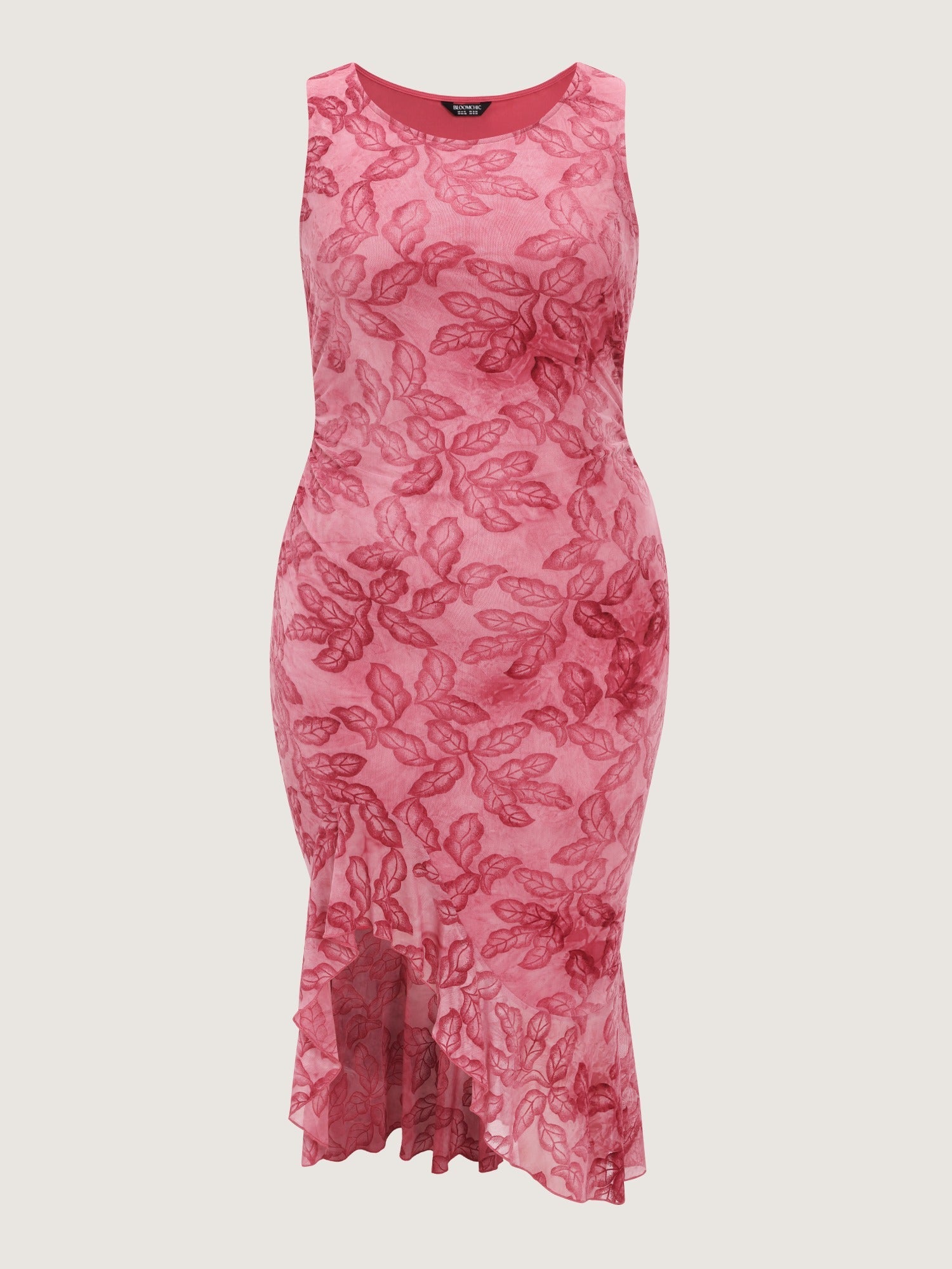 Stretchy Gradient Flocked Mesh Irregular Hem Midi Dress