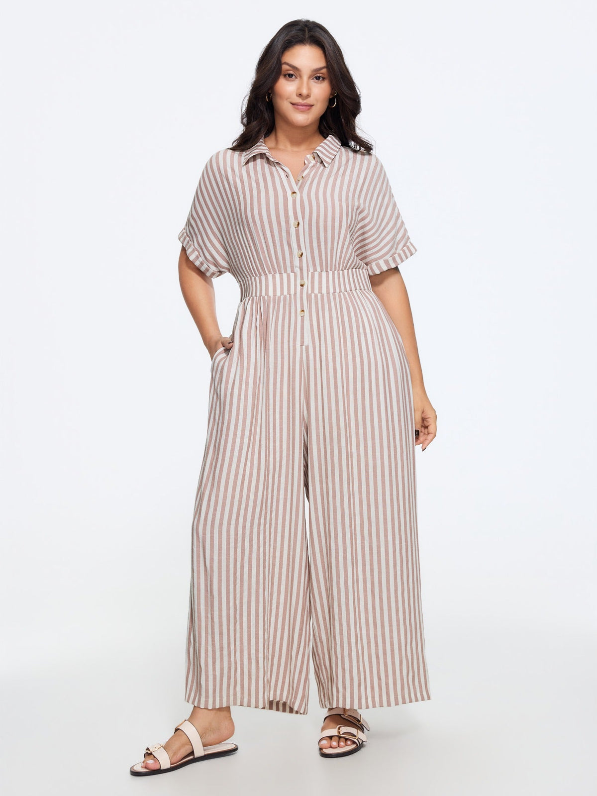 Stripe Print Half Button Cinched Waist Wide Leg Jumpsuit