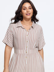 Stripe Print Half Button Cinched Waist Wide Leg Jumpsuit