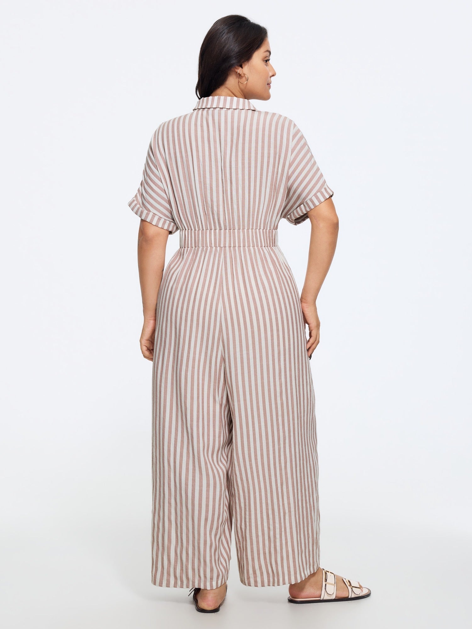Stripe Print Half Button Cinched Waist Wide Leg Jumpsuit