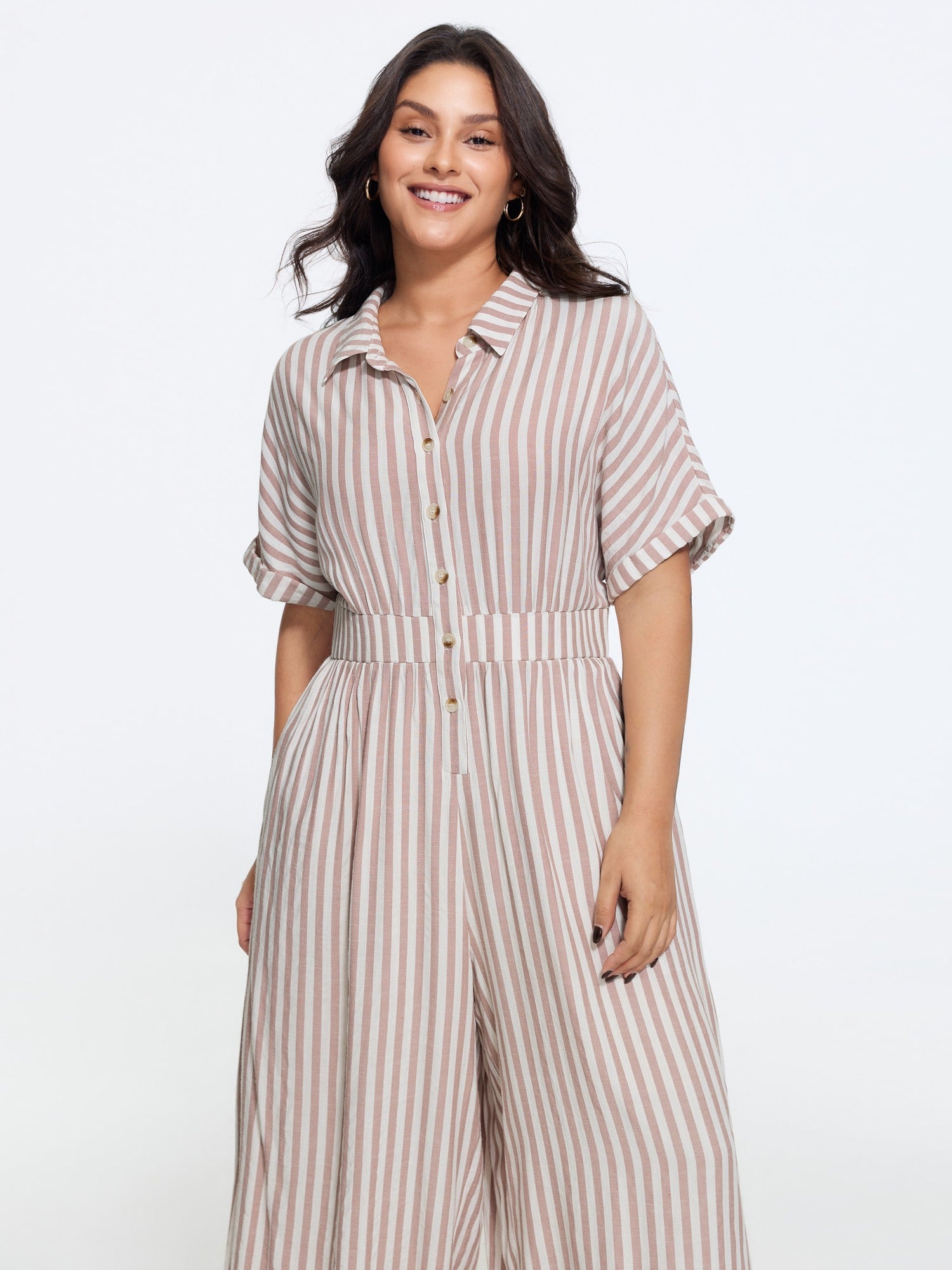 Stripe Print Half Button Cinched Waist Wide Leg Jumpsuit