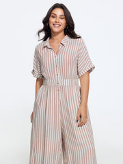 Stripe Print Half Button Cinched Waist Wide Leg Jumpsuit
