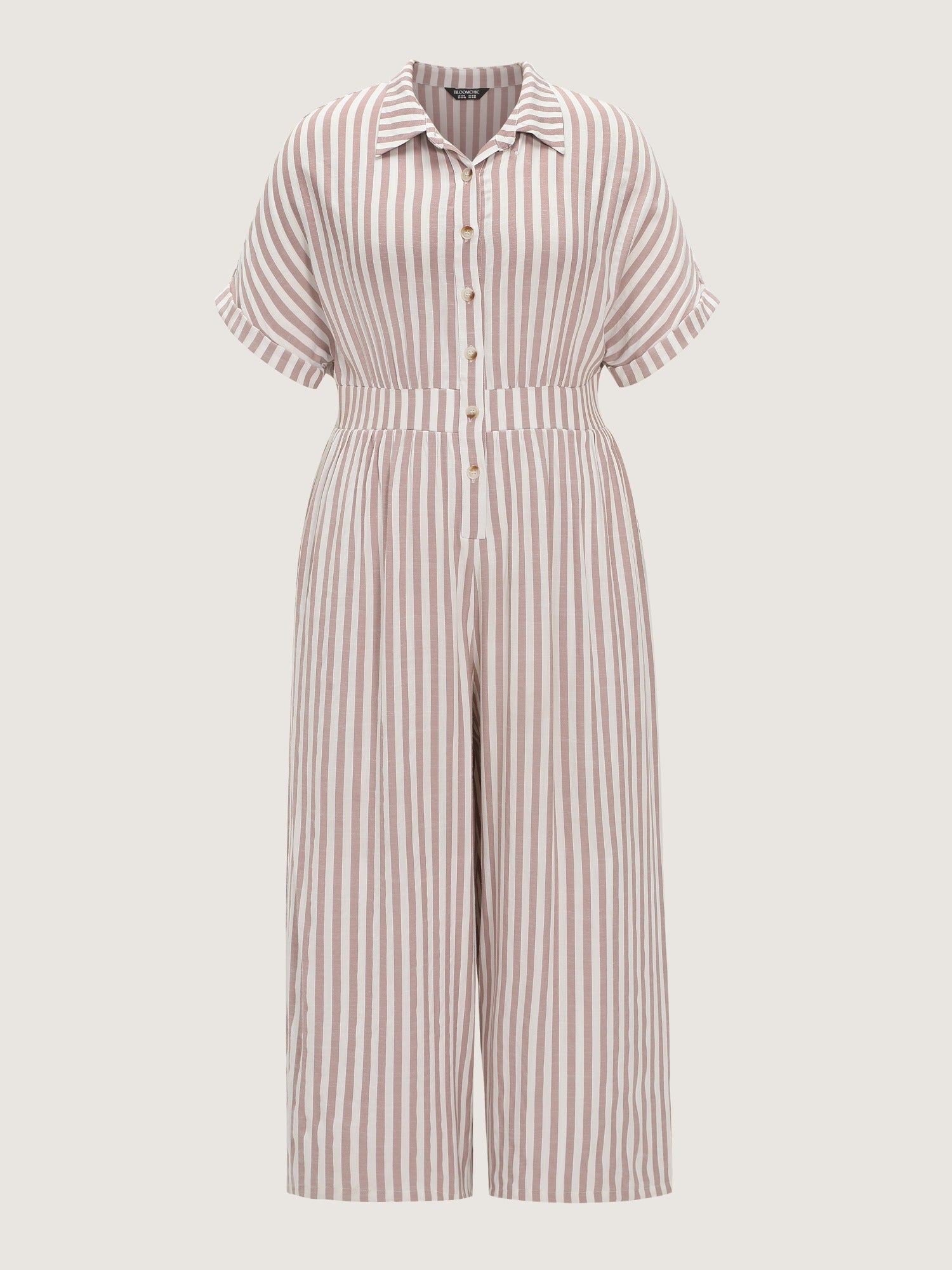 Stripe Print Half Button Cinched Waist Wide Leg Jumpsuit