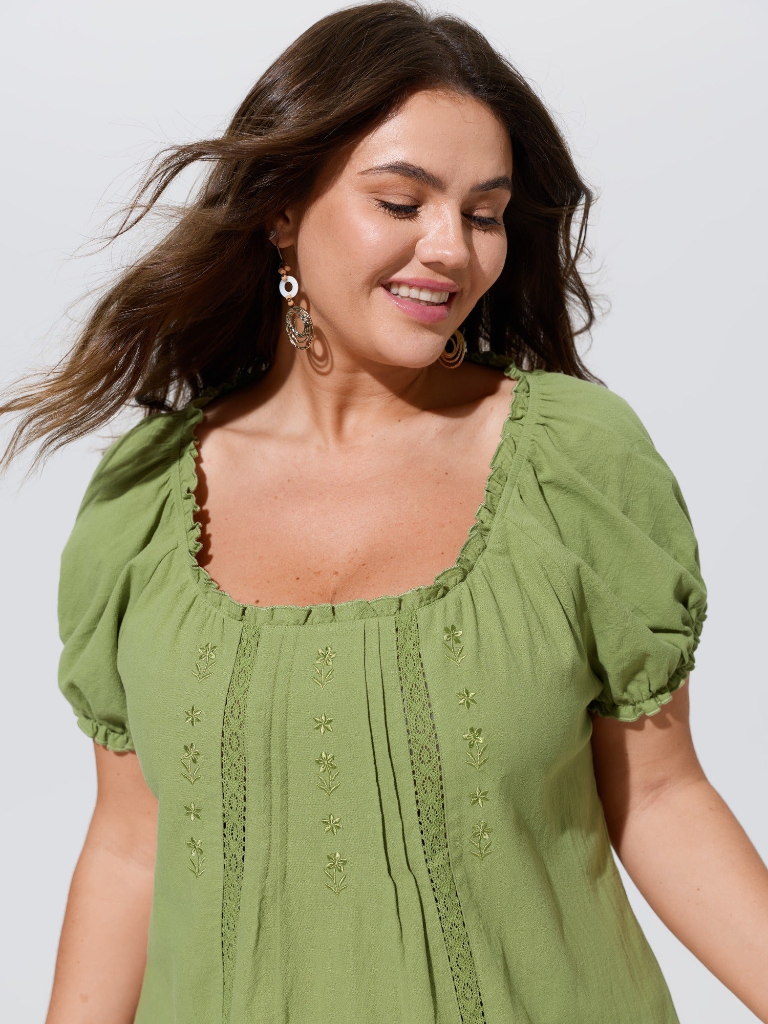 Cotton Floral Embroidery Eyelet Lace Trim Blouse