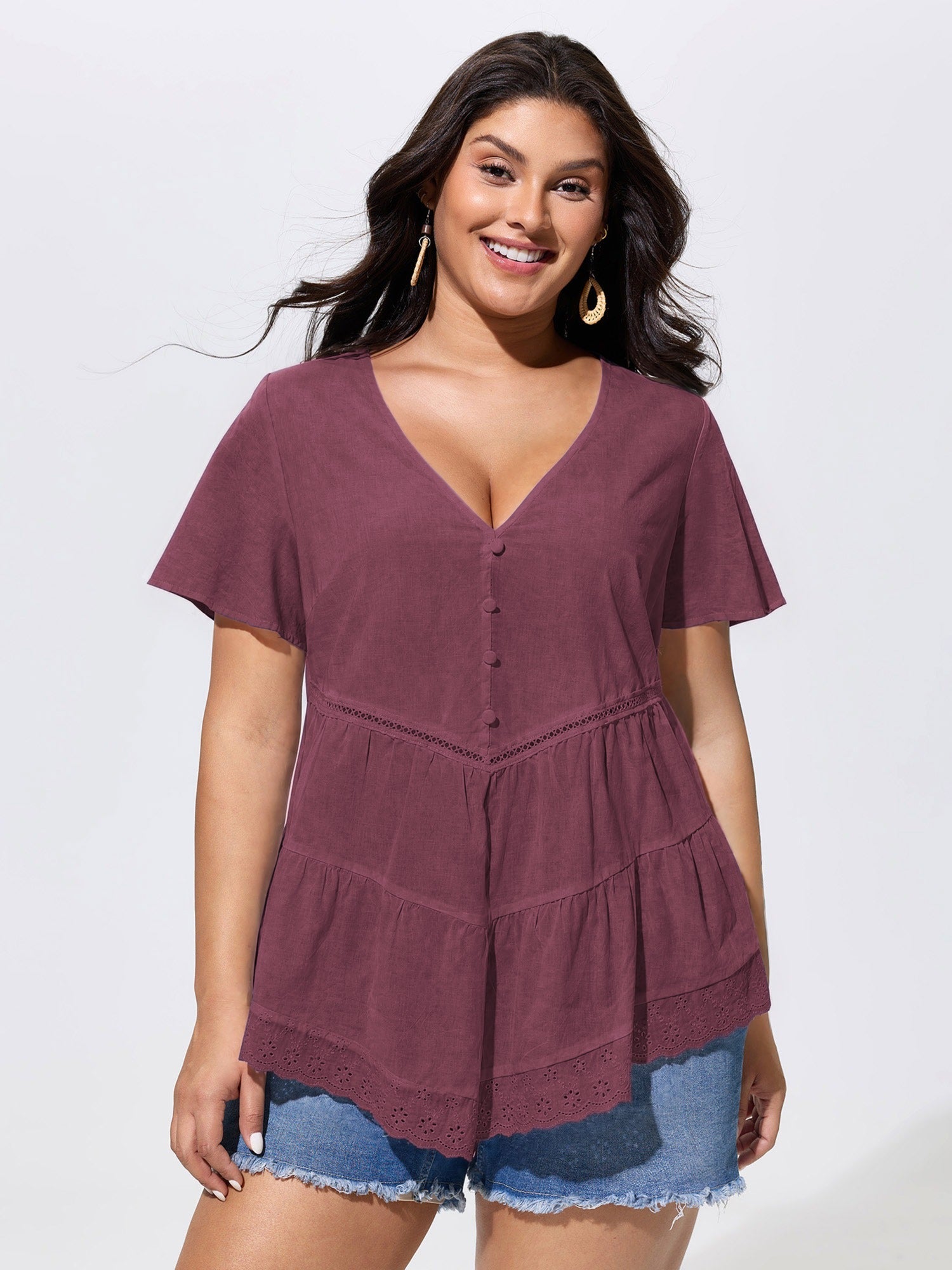 Cotton V-Neck Tiered Plain Blouse