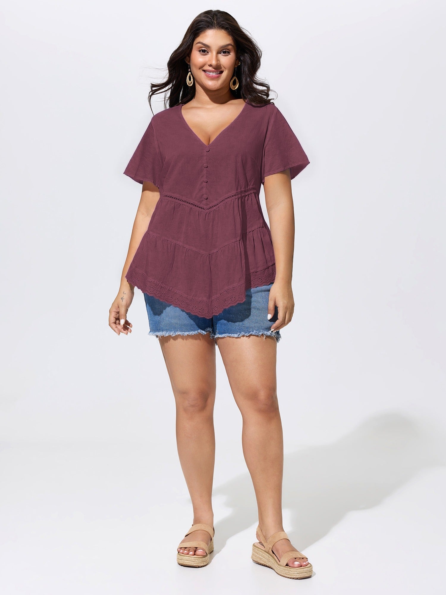 Cotton V-Neck Tiered Plain Blouse