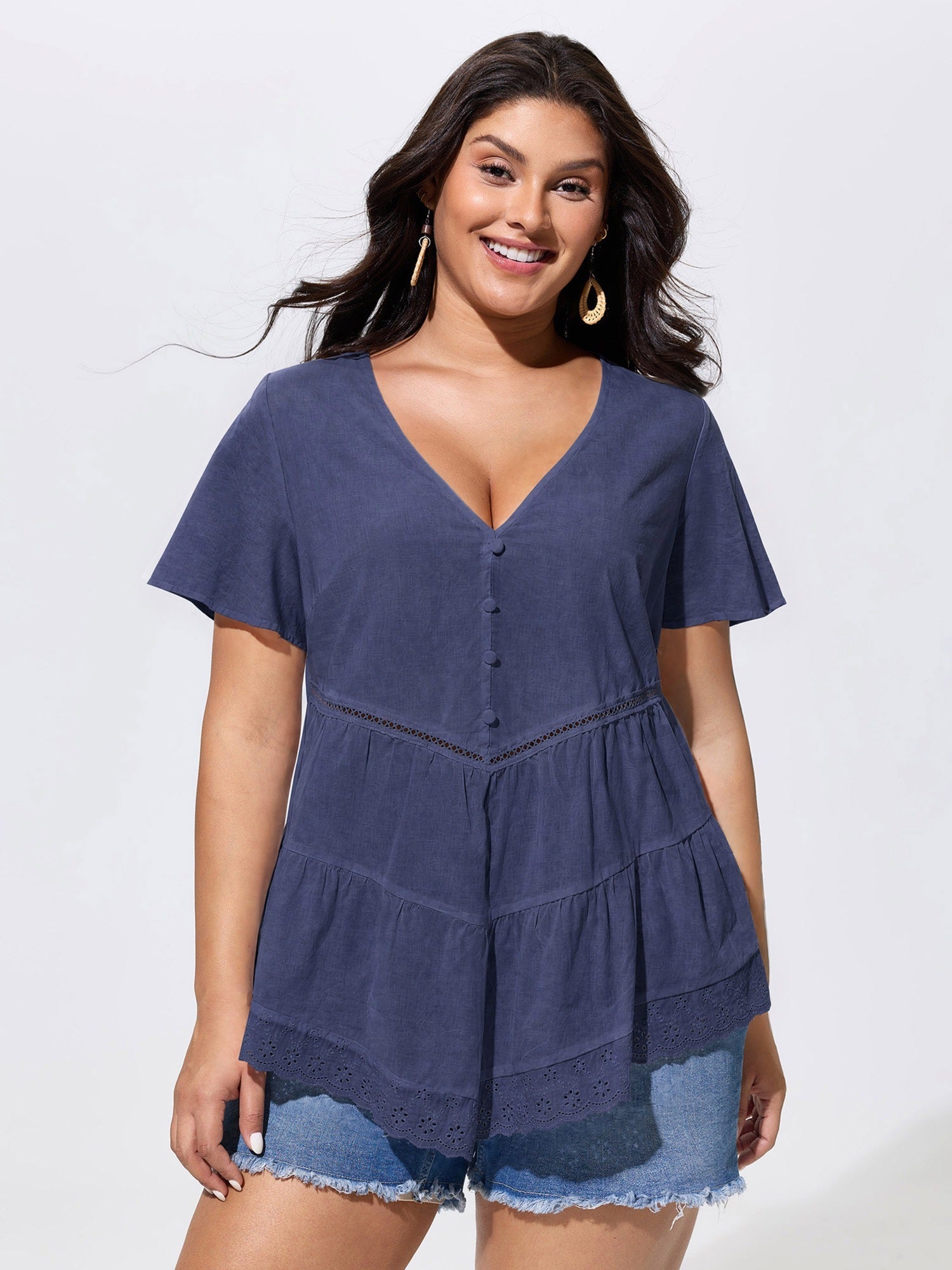 Cotton V-Neck Tiered Plain Blouse