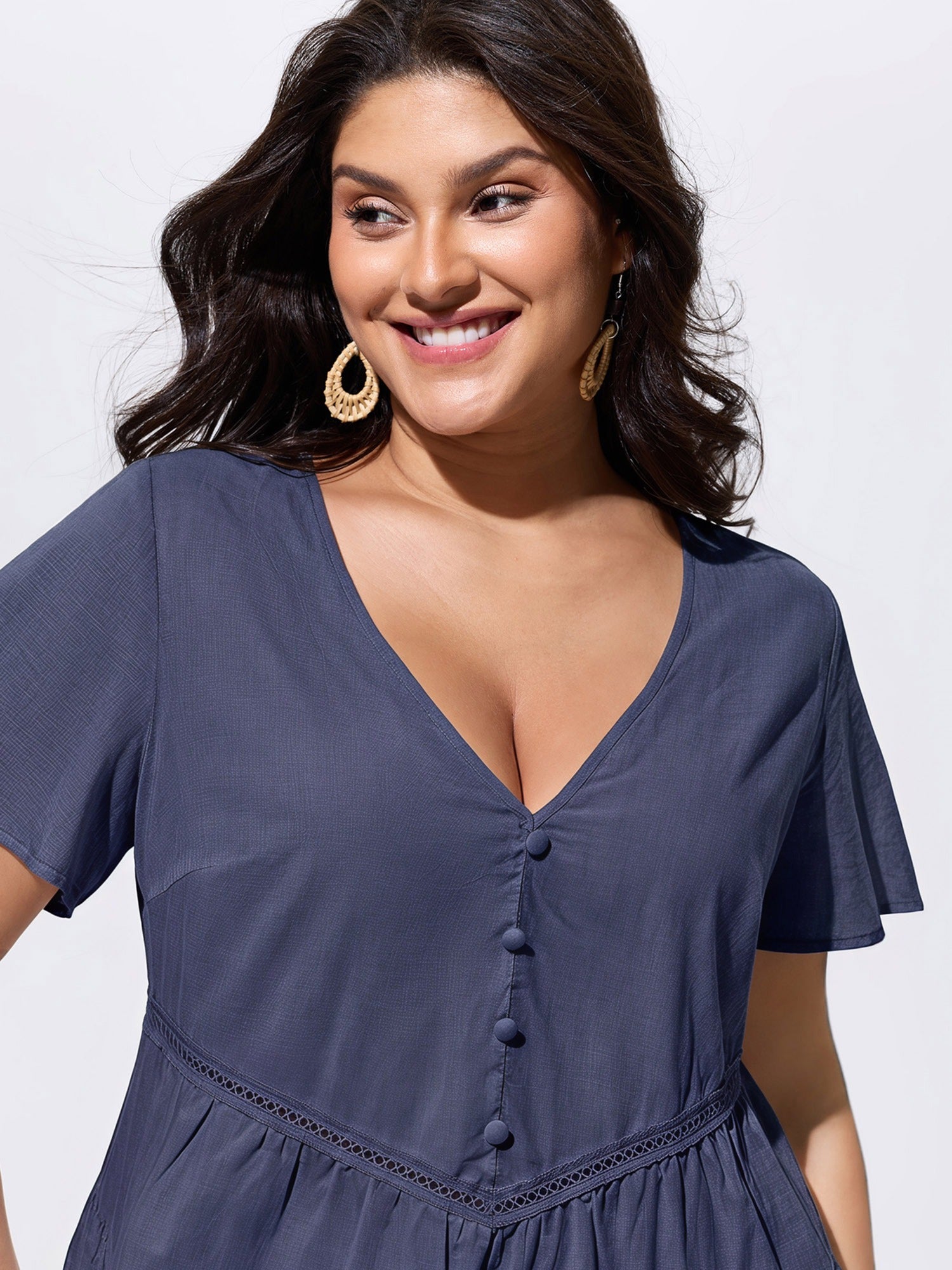 Cotton V-Neck Tiered Plain Blouse