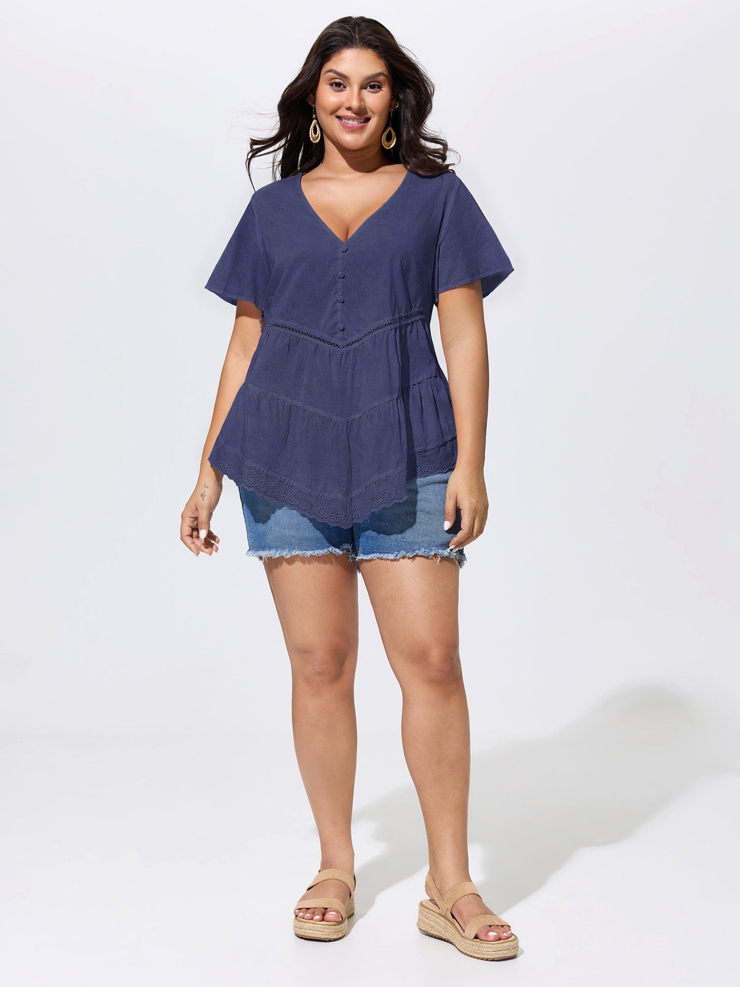 Cotton V-Neck Tiered Plain Blouse