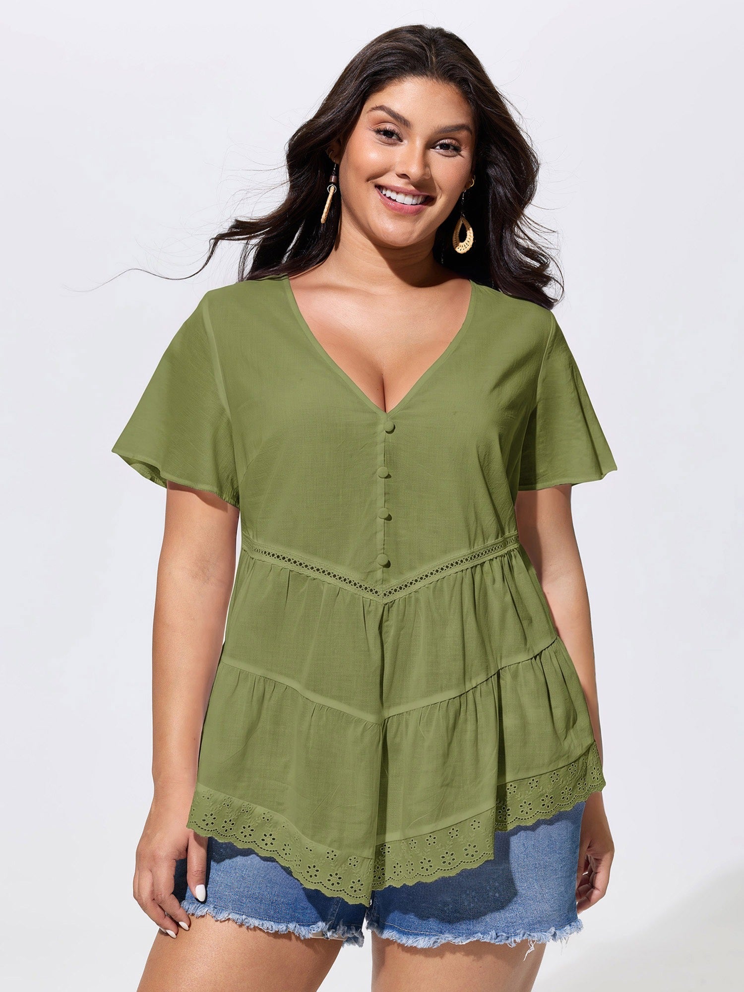 Cotton V-Neck Tiered Plain Blouse