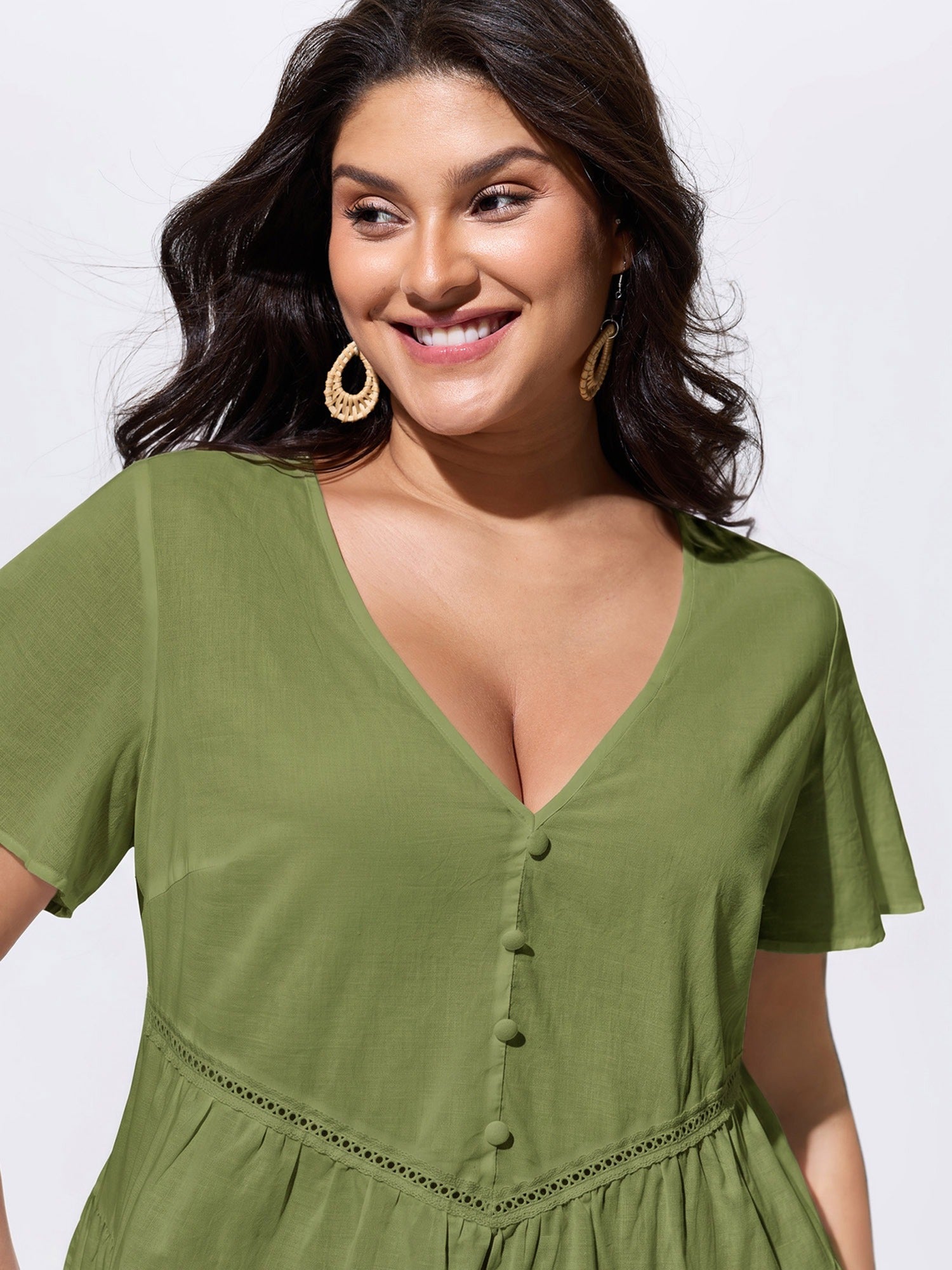 Cotton V-Neck Tiered Plain Blouse