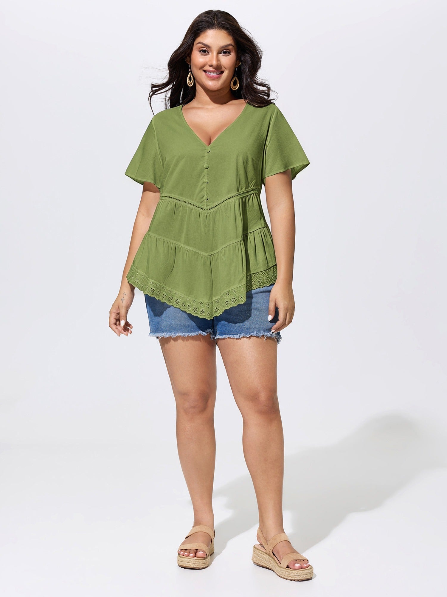 Cotton V-Neck Tiered Plain Blouse