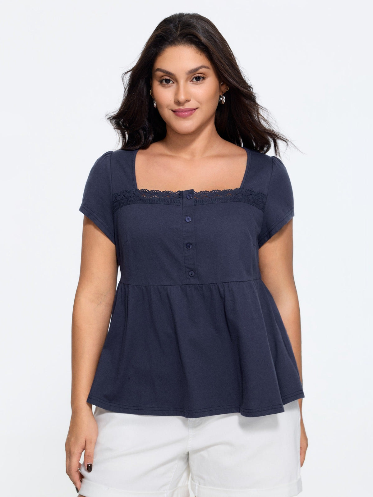 Cotton Square Neck Lace Trim Babydoll T-Shirt