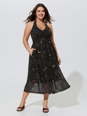 Constellation Print Halter Neck Mesh Midi Dress