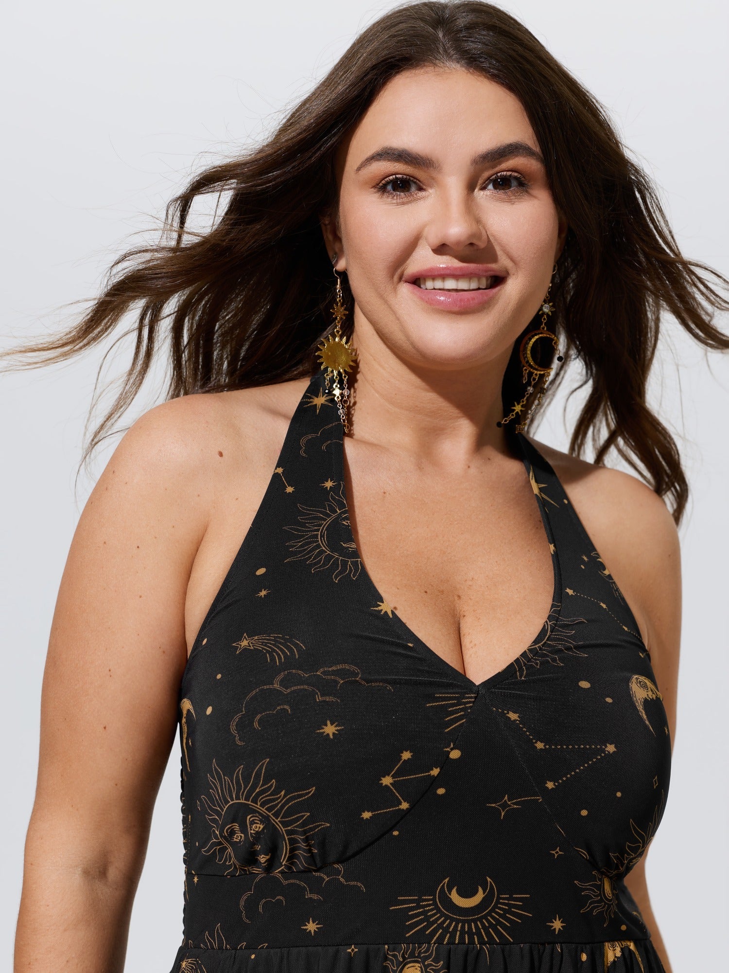 Constellation Print Halter Neck Mesh Midi Dress