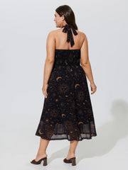Constellation Print Halter Neck Mesh Midi Dress