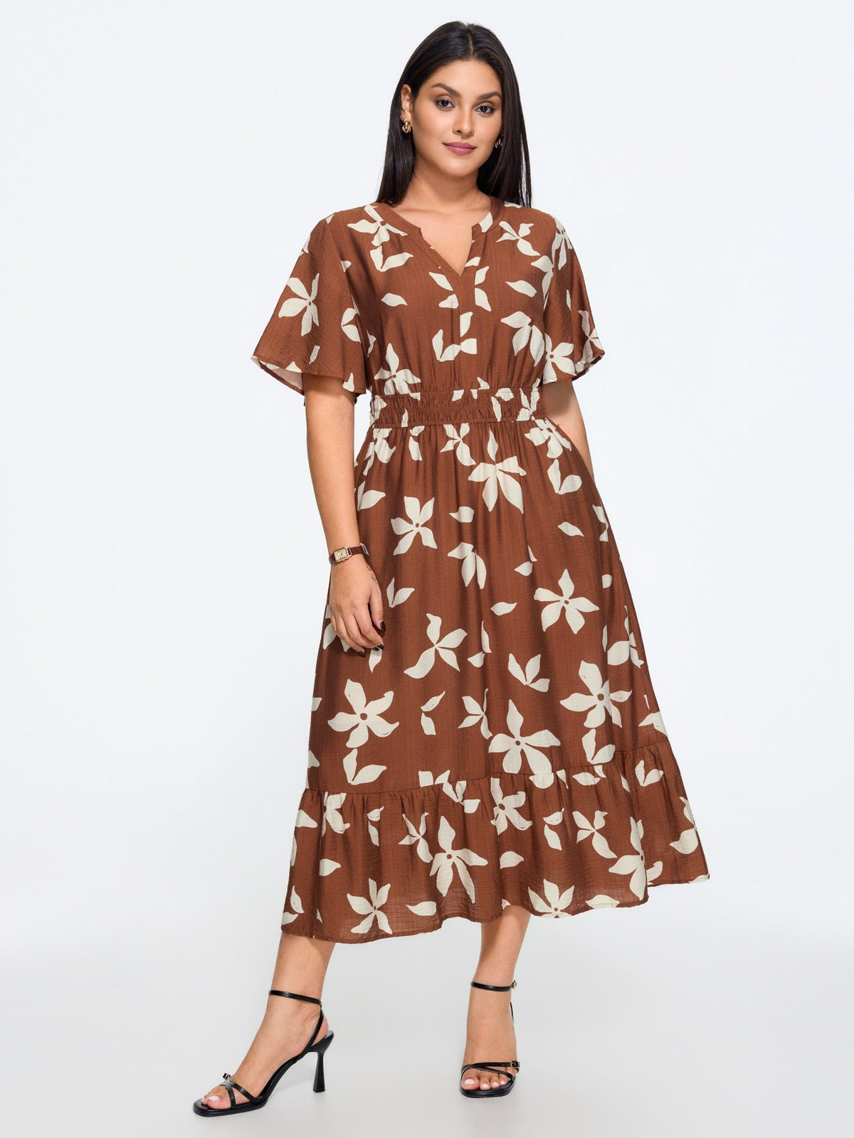 Floral Print Shirred Waist Tiered Midi Dress