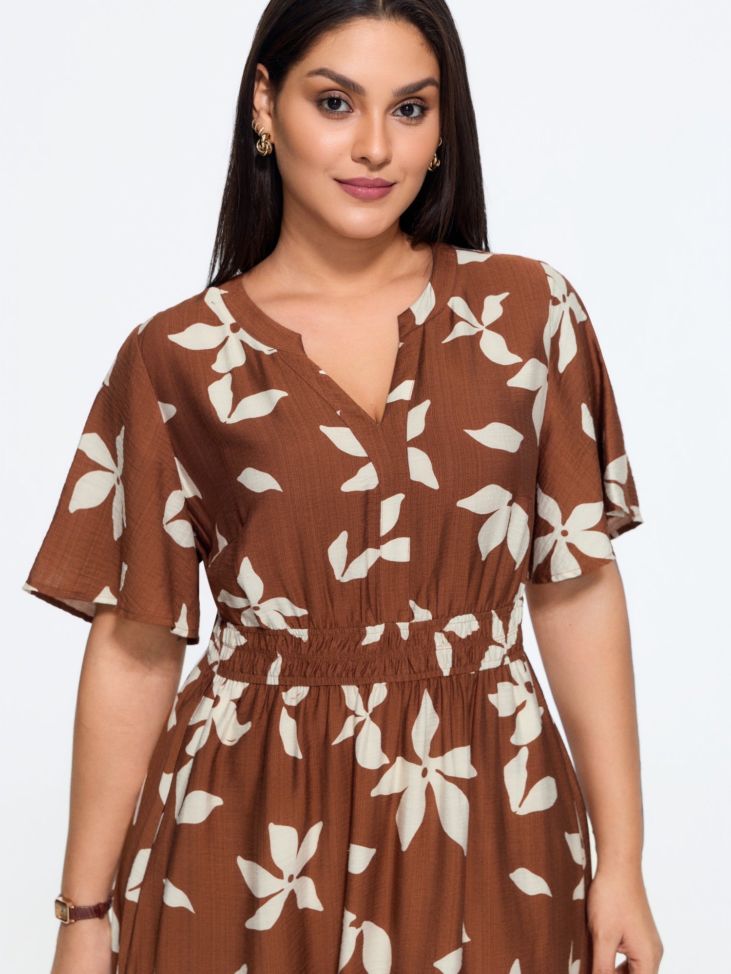 Floral Print Shirred Waist Tiered Midi Dress