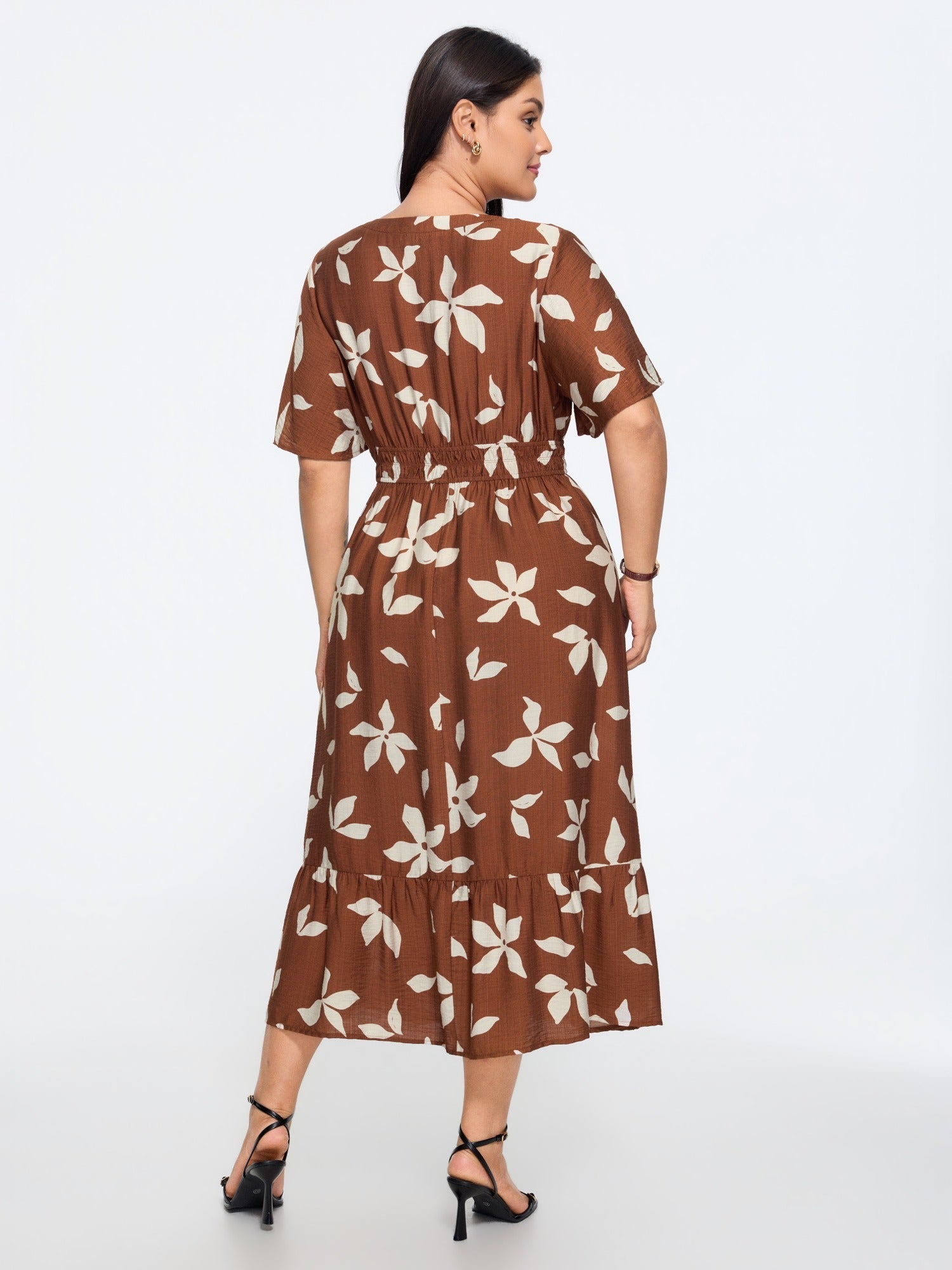 Floral Print Shirred Waist Tiered Midi Dress