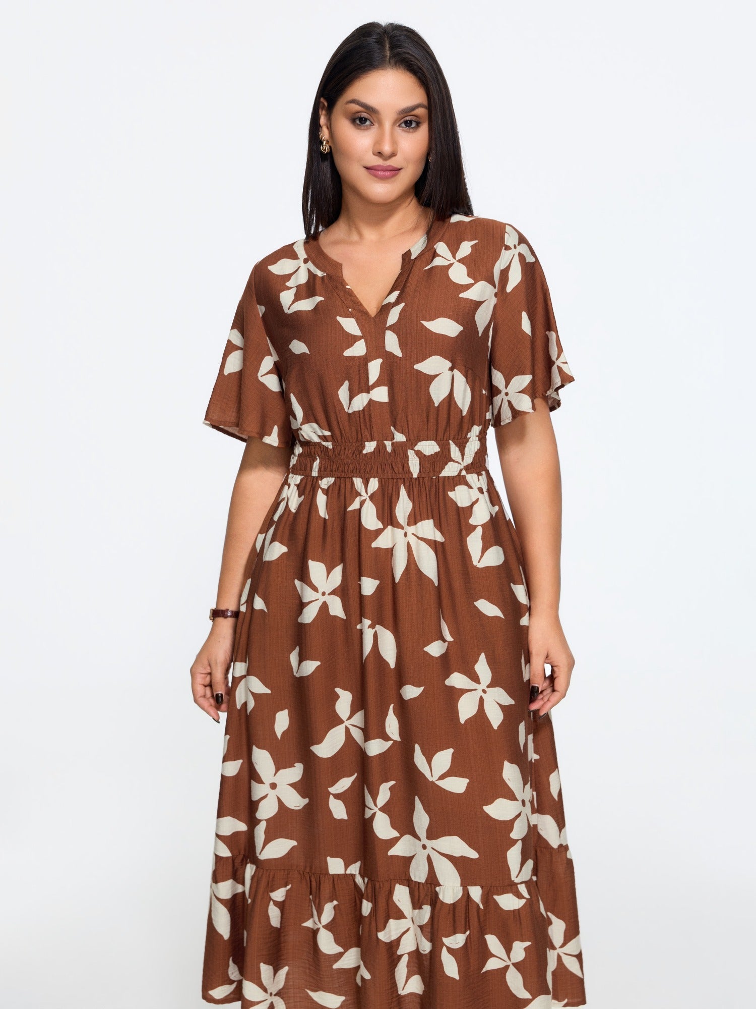 Floral Print Shirred Waist Tiered Midi Dress