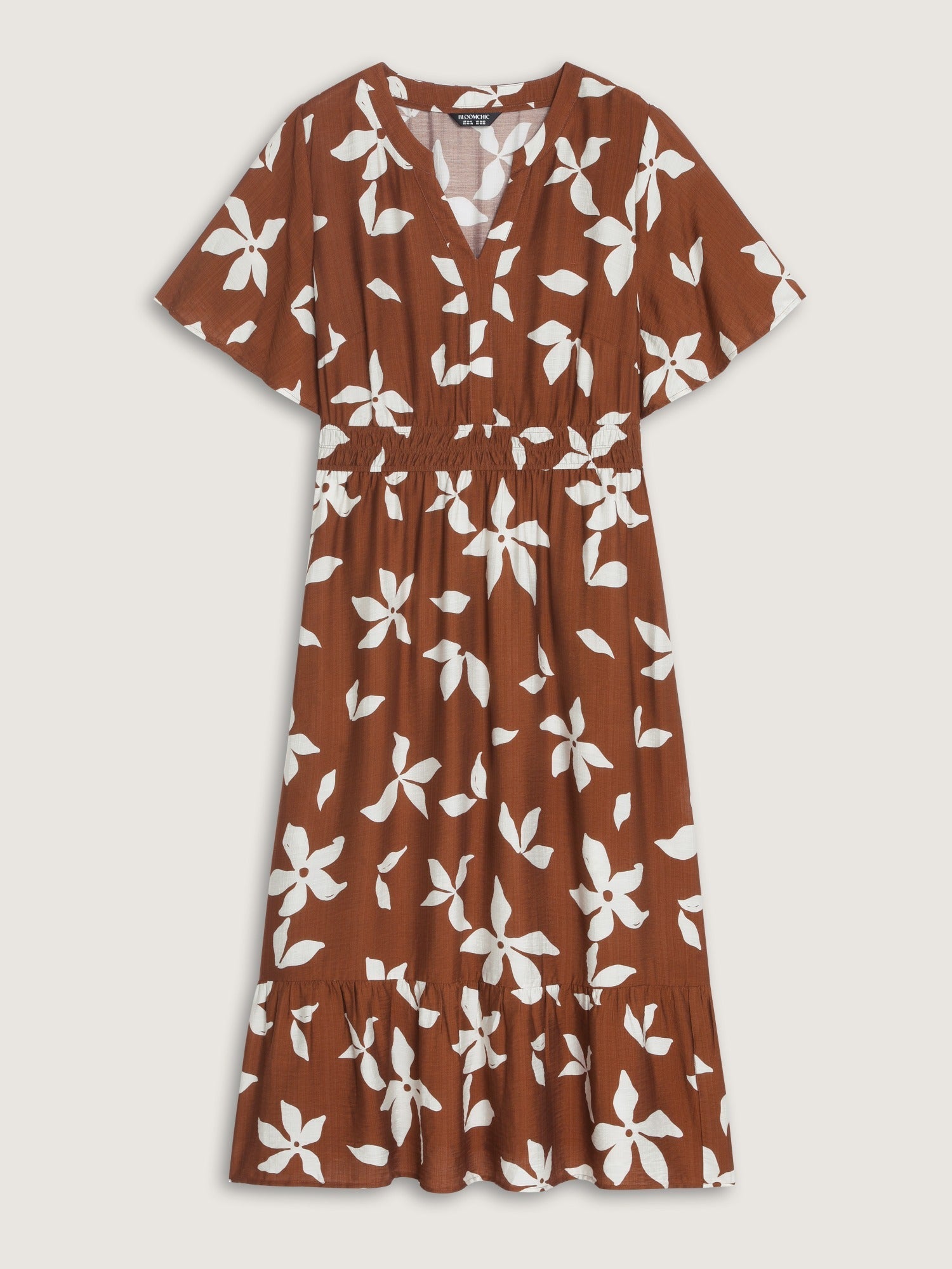 Floral Print Shirred Waist Tiered Midi Dress